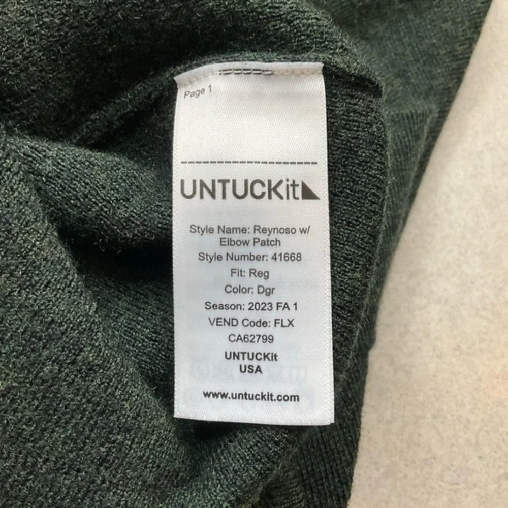 UNTUCKit Reynoso 100% Merino Wool‎ Full Zip Sweater XL Elbow Patch Green NWOT